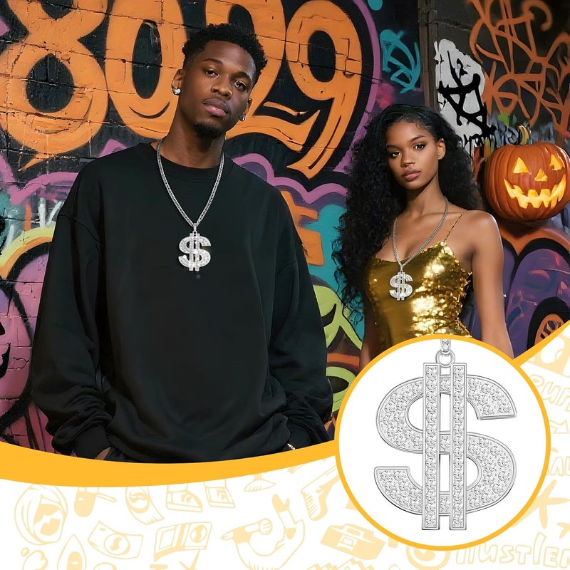 ROMASS 2 Pcs Dollar Necklace for Men,Gold/Silver Plated Chain for Men with Dollar Sign Pendant Necklaces, 80/90s Hip Hop Dollar Necklace Halloween Gifts - Image 3
